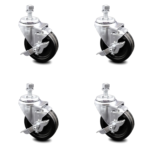 4 Inch Phenolic Wheel Swivel 1/2 Inch Threaded Stem Caster Set with Brake SCC
